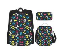 UVBDF Set di 3 zaini per la scuola con zampa di cane e gatto arcobaleno per viaggi, studio, portapranzo e astuccio per matite, Nero , Taglia unica, Set di zaini per la scuola