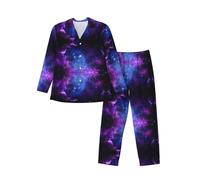 UVBDF Set pigiama da uomo con motivo universo galassia e stelle, con bottoni, per la routine della buonanotte e il salotto mattutino, Nero , S