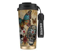 UVBDF Sugar Skulls - Tazza da caffè da viaggio in acciaio inossidabile, con coperchio a perdite, tazza termica per caffè freddo, bevande calde