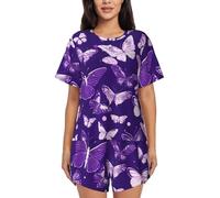 UVBDF Viola Farfalle Floreali Estate Donne Pigiama Set 2 Pezzi Manica Corta Loungewear Morbido Leggero Sonno Suit Con Tasche Per Il Lounge Quotidiano, Nero , XXL