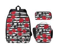 UVBDF Zaino con motivo a righe bianche e nere, con rose rosse, borsa per libri con portapranzo, per avventure nel fine settimana, Nero , Taglia unica, Organizer per borse