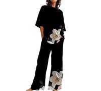 Uwdiohq Abiti Estivi per Donna 2 Set di Lino in Cotone T-Shirt Oversize Pantaloni A Gamba Dritta Tuta Taglie Forti Gonne Invernali (Black, XXL) Pigiama Natale Autunnale Anziana Caldo Invernale