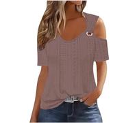 Uwdiohq Bluse E Camicie Primavera Parti Superiori di Estate per Le Donne 2024 Spalla Fredda Manica Corta Magliette Solido Anello Casual Hollow Top Camicie di Base Tees Abbigliamento per