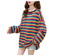 Uwdiohq Day Prime T-Shirt da Donna a Maniche Lunghe con Top a Righe a Contrasto Color Arcobaleno Sciolto Lungo Camicia per Maglietta Manica Lunga Maglietta Donna Cotone T Shirt P Todays Daily Deals