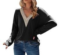Uwdiohq Deals of The Day T-Shirt da Donna a Maniche Lunghe con Scollo a V in Pizzo con Scollo a V Autunnale e Invernale Camice Gialle Magliette Cotone Manica Lunga Donna Ma Todays Daily Deals Colla