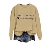 Uwdiohq Life Is Better with My Boys Sweatshirt Women Funny Mom Letter Casual Pullover Tops Firme (Khaki, M) Felpa da Casa Donna Invernale Felpe Running Biancaneve Natale Snowboard Premaman