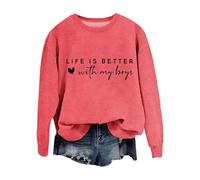 Uwdiohq Life Is Better with My Boys Sweatshirt Women Funny Mom Letter Casual Pullover Tops Firme (Watermelon Red, XXL) Felpa Trekking Donna Corta Felpe Oversize Basic Crop Bianche Nera Natale