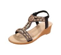 Uwdiohq Sandali Donna Estive Con Zeppa Women'S Sandals New Summer Comfortable And Fashionable Retro Ethnic Style Lightweight Beach Vacation Elastic Heel Thick Bottom Casual (Black, 35) Sandalo