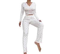 Uwdiohq Women's 2 Piece Long Sleeve Button Front V Neck Print Lettuce Trim Pajama Set Camicia da Notte Pigiami Donna Invernali Caldo Cotone Pigiama con Bottoni Cotton Pyjamas Women Autunno Parto