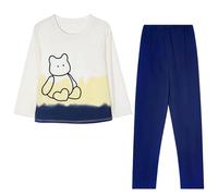 Uwdiohq Women's Autumn/Winter Round Neck Cute Printed Loose Home Casual Pajama Sleeper Set Pigiama Natalizio 12 Anni (Dark Blue, M) Pigiami Donna Caldo Cotone Premaman Divertente Jersey Manica