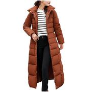 Uwdiohq Women's Puffer Down Coat Long Winter with Hood Quilted Ladies Coats Padded Top Plain Thick Warm Maxi Black Montone Invernale Piumino Leggero (Brown, XXXL) Parka Donna Cappotto Autunno