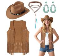 UxClishe Set di 4 accessori da cowgirl occidentale, da donna, stile hippy anni '70, con nappa, cappello, orecchini e collane turchesi per feste a tema retrò, Halloween, cosplay, XL
