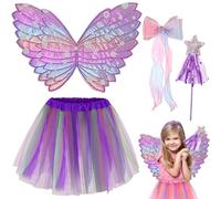 UxClishe Set di 4 costumi da fata per ragazze, con gonna tutù, bacchetta magica, fiocco e forcina, ali da fata, per bambini, costume da principessa d'angelo, per feste di bambini, viola