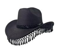 UxicRuya Cowboy Hat Elegante con Ampia Decorazione con Perle E Frange Tessuto Leggero Confortevole Accessorio per Costume E Festa Adatto a Donna per Vacan, Nero