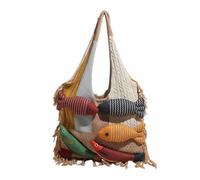 UxicRuya Knitted Fishes Tote Borsa Spaziosa Patchwork Frange Cotone Leggera Manico Design 3D Pesci Boho Adatta a Studenti Shopping Spiaggia Passeggio Università, Khaki