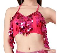 UxicRuya Top Corto per Danza del Ventre con Nappe, Paillettes E Imbottiture per Il Seno, Scollo all'Americana E Canotta Senza Schienale, Rosa Rossa