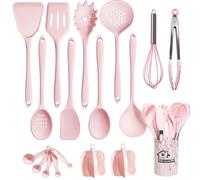 UXIYI Set di utensili da cucina in silicone, set di utensili da cucina 18pcs, incluso Turner Spatola Tong Spoon Gadget da cucina resistenti al calore antiaderenti,Rosa