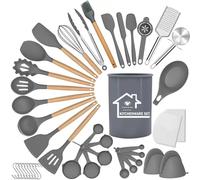 UXIYI Set di Utensili da Cucina in Silicone, Set di Utensili da Cucina in Silicone da 43 Pezzi, Set di spatole per Utensili da Cucina con Supporto per Cucinare Antiaderente,Grigio