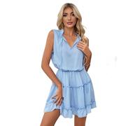 Uxsjakjsd Abiti Eleganti da, Estate 2025, Maniche, con Scollo A V e Volant, in Chiffon, Minigonna Corta Blu XL