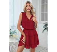 Uxsjakjsd Abiti Eleganti da, Estate 2025, Maniche, con Scollo A V e Volant, in Chiffon, Minigonna Corta Vino Rosso S