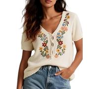 Uxsjakjsd Maglione A Maniche Corte da, Stile Contadino, con Scollo A V, Stile Boho, con Ricamo Floreale Messicano retrò, Annodato sul Davanti. Bianco S