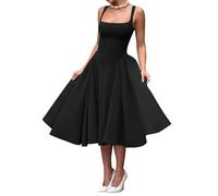 Uxsjakjsd Vestito da con Scollo Quadrato, Maxi da Ballo, Fluido, Maniche, A Trapezio, Casual, per Le Vacanze Nero XL