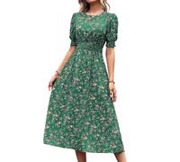 Uxsjakjsd Vestito da in Chiffon Floreale, Casual, Boho, con Maniche A Sbuffo, Svolazzante, Stile Western Verde S