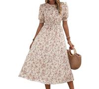 Uxsjakjsd Vestito da in Chiffon Floreale, Casual, Boho, con Maniche A Sbuffo, Svolazzante, Stile Western Albicocca XL