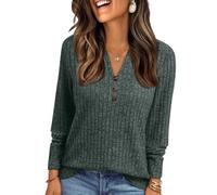 uxxnjfg Maglia Donna Manica Lunga Cotone Invernale Abbigliamento Donna Comodi Magliette Scollo a V Oversize Eleganti Top Attillata Aderente Leggeri Maglia per Leggings(Army Green,L)