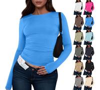 uxxnjfg Maglia Maniche Lunghe Donna Cotone Taglie Forti Abbigliamento Donna Eleganti Maglia Scollo a V Basic Autunnali Blusa Aderente Leggeri Attillata Magliette per Leggings(Blu,S)