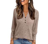 uxxnjfg Maglia Maniche Lunghe Donna Elegante Cotone Abbigliamento Donna Basic Magliette Scollo a V Termiche Autunnali Camici Aderente Attillata Leggeri Maglia per Leggings(Marrone Chiaro,XXL)