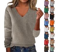 uxxnjfg Maglietta Donna Maniche Lunghe Cotone Elegante Abbigliamento Donna Eleganti Maglia Scollo a V Curvy Casual T-Shirt Attillata Aderente Leggeri Maglioncino per Leggings Marrone Chiaro M
