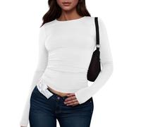 uxxnjfg Maglietta Donna Maniche Lunghe Elegante Cotone Abbigliamento Donna Oversize Maglioncino Scollo a V Curvy Autunnali T Shirt Attillata Leggeri Aderente Magliette per Leggings(Bianco,S)