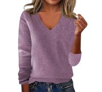 uxxnjfg Maglietta Donna Maniche Lunghe Elegante Cotone Abbigliamento Donna Slim Fit Magliette Scollo a V Autunnali Basic Top Attillata Leggeri Aderente Maglia per Leggings(Viola Chiaro,XXL)