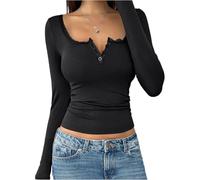 uxxnjfg Maglietta Donna Maniche Lunghe Elegante Cotone Abbigliamento Donna Termiche Magliette Scollo a V Curvy Slim Fit T Shirt Aderente Attillata Leggeri Maglioncino per Leggings(Nero,XL)