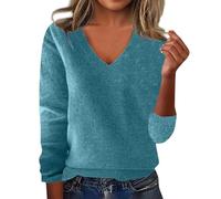 uxxnjfg Maglietta Donna Maniche Lunghe Invernale Elegante Abbigliamento Donna Comodi Maglioncino Scollo a V Eleganti Termiche Top Leggeri Aderente Attillata Maglia per Leggings(Blu,XL)