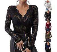 uxxnjfg Maglietta Pizzo Donna Maniche Lunghe Elegante Invernale Abbigliamento Donna Oversize Magliette Scollo a V Basic Slim Fit Camici Attillata Leggeri Aderente Maglia per Leggings(Nero,S)
