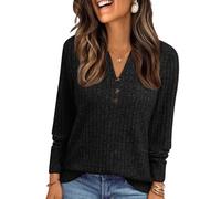 uxxnjfg Magliette Donna Manica Lunga Cotone Elegante Abbigliamento Donna Basic Magliette Scollo a V Slim Fit Termiche T-Shirt Attillata Aderente Leggeri Maglioncino per Leggings(Nero,XXL)