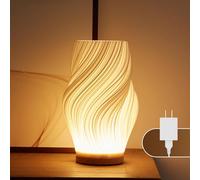 UYKKE Lampada da comodino base in legno - Lampada da tavolo con controllo a pulsante per camera da letto dimmerabile in 12 modi, con paralume in PLA per soggiorno (Bianco-F, Grande)