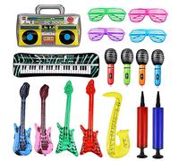 UYUYong 16 Pezzi Strumenti Gonfiabili Microfoni per Chitarra Gonfiabili Colorati Sassofono Gonfiabile Pianoforte Bass Radio Gonfiabili Occhiali + Pompa d'Aria per Feste di Carnevale