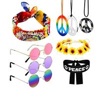 UYUYong Set Costume Hippie Retrò Accessori con Occhiali, Collana Segno di Pace, Fascia Colorata, per Festa a Tema Moda Anni '70 e '80
