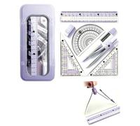 UZEXYO Set di 8 pezzi viola matematica goniometro e bussola geometria set per la scuola secondaria con righello triangoli matita gomma ricariche in custodia rigida carino set di cancelleria per
