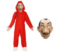 UZNIYTR Carnevale Tuta da Rapinatore di Banche, Halloween Unisex Costume da Ladro Tuta Rossa Pagliaccetto, Costume per Bambini con Maschera Dali Salvador per Cosplay Costume (130-140cm)