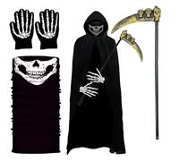 UZNIYTR Costume da Tristo Mietitore, Halloween Nero con Cappuccio Capo Strega Cosplay Accessori, Mantello Cappuccio Nero con Guanti Scheletro, Maschera, Falce, Costume di Halloween Carnevale(150cm)