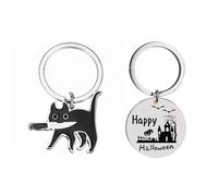 UZYXC 2 Pezzi Portachiavi, Gatto con Artiglio e Casa Stregata "Happy Halloween" Acciaio Inox per Zaini Regalo Decorazione (Nero)