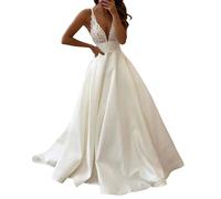 V-Collo in Raso Abito da Sposa Pizzo Prom Dresses Abiti da Sera Lunghi A-Line Abiti da Sposa, SEVENYXX, Bianco, 44
