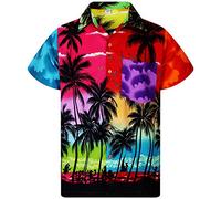 V.H.O., camicia hawaiana eccentrica, da uomo, a maniche corte, con taschino frontale, stampa hawaiana, palme e mare Mondy Beach. L