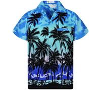 V.H.O., camicia hawaiana eccentrica, da uomo, a maniche corte, con taschino frontale, stampa hawaiana, palme e mare Beach, monocolore M