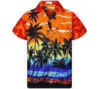 V.H.O., camicia hawaiana eccentrica, da uomo, a maniche corte, con taschino frontale, stampa hawaiana, palme e mare Beach Orange XS