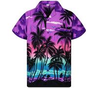 V.H.O., camicia hawaiana eccentrica, da uomo, a maniche corte, con taschino frontale, stampa hawaiana, palme e mare Beach viola L